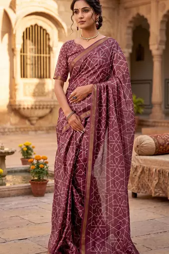dusty wine chanderi geometric printed ready to wear saree