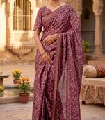 dusty wine chanderi geometric printed ready to wear saree