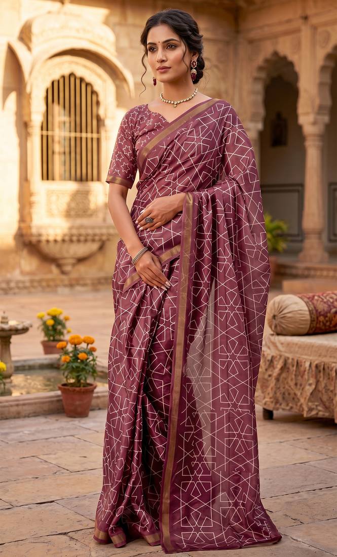dusty wine chanderi geometric printed ready to wear saree
