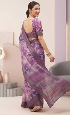Purple linen geometric bollywood digital print saree 4