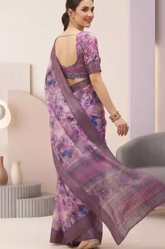 Purple linen geometric bollywood digital print saree