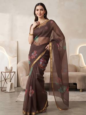 Brown linen floral motifs bollywood digital print saree 2