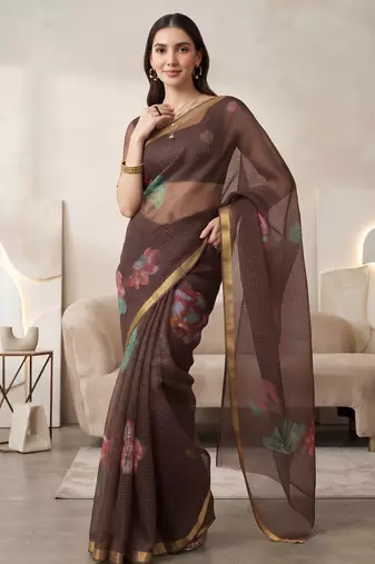 Brown linen floral motifs bollywood digital print saree
