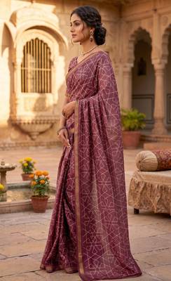 dusty wine chanderi geometric printed ready to wear saree 2