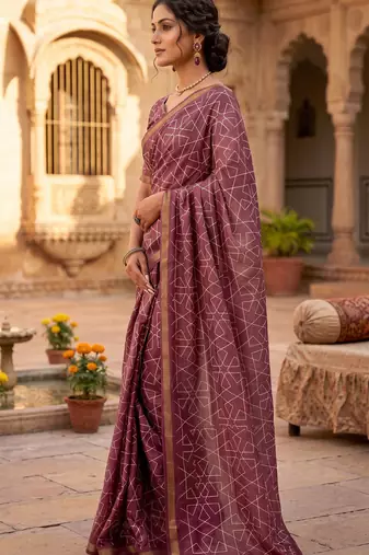 dusty wine chanderi geometric printed ready to wear saree