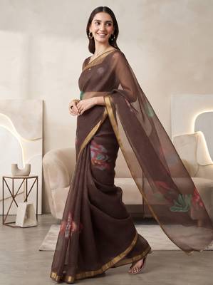 Brown linen floral motifs bollywood digital print saree 3