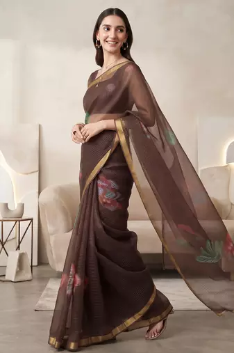 Brown linen floral motifs bollywood digital print saree