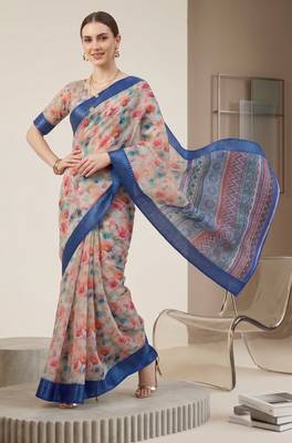 Multicolor linen geometric bollywood digital print saree 1