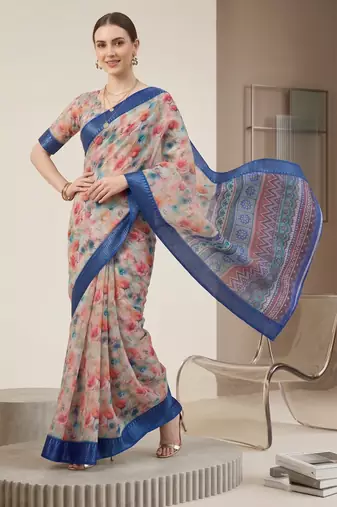 Multicolor linen geometric bollywood digital print saree