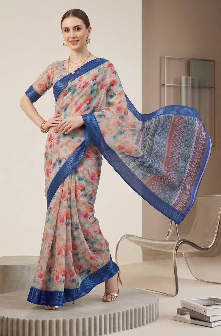 Multicolor linen geometric bollywood digital print saree