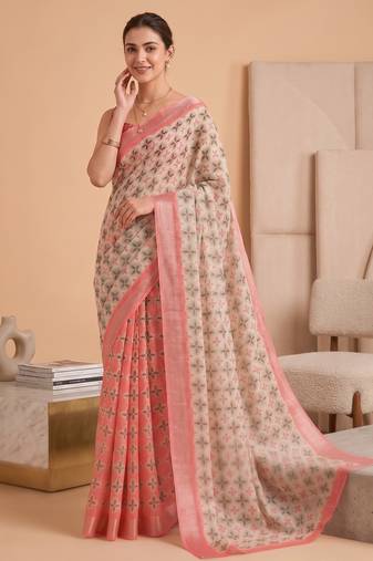 multicolor linen geometric bollywood digital print saree