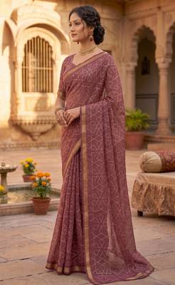 dusty wine chanderi geometric printed ready to wear saree 3
