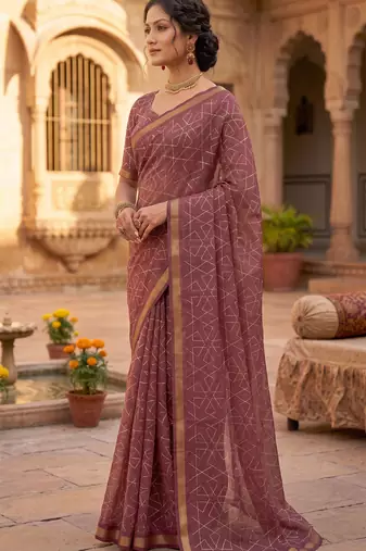 dusty wine chanderi geometric printed ready to wear saree