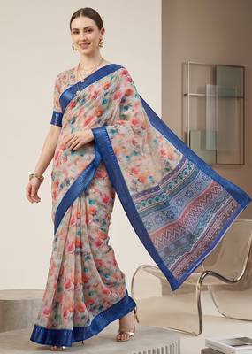 Multicolor linen geometric bollywood digital print saree 2
