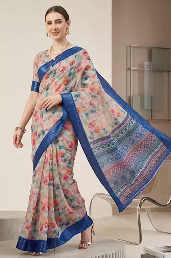 Multicolor linen geometric bollywood digital print saree