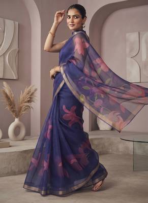 Blue linen floral motifs bollywood digital print saree 1
