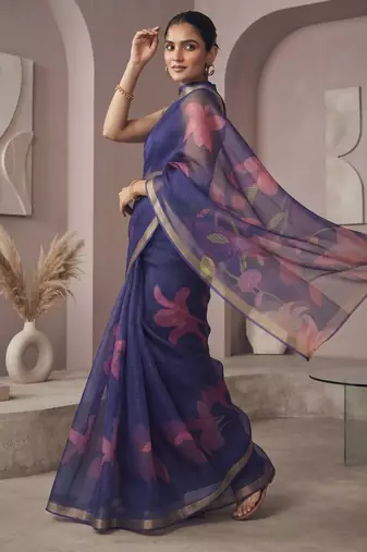 Blue linen floral motifs bollywood digital print saree