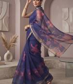 Blue linen floral motifs bollywood digital print saree