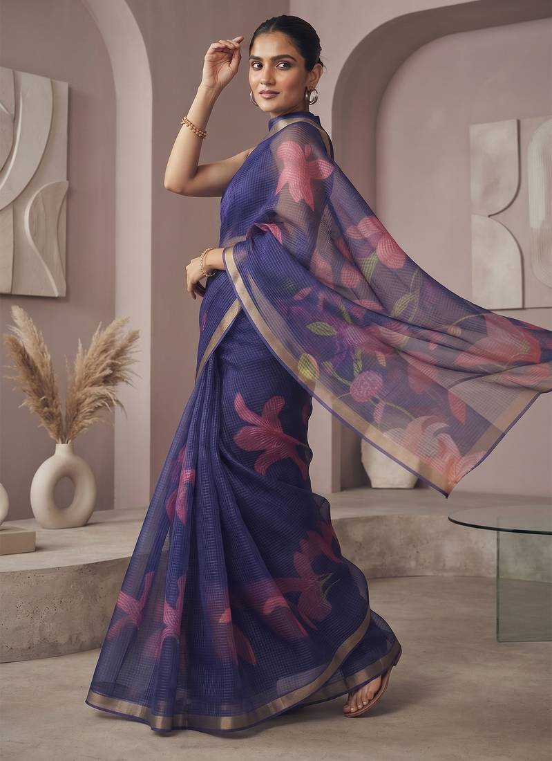 Blue linen floral motifs bollywood digital print saree