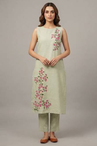 Light green floral embroidered kurta set