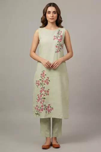 Light green floral embroidered kurta set