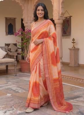 cream & peach chanderi bandhani printed ready to wear saree 2