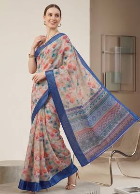 Multicolor linen geometric bollywood digital print saree 3