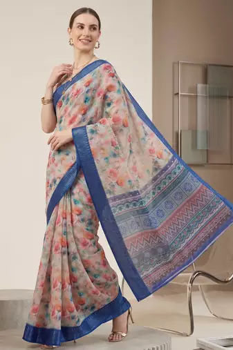 Multicolor linen geometric bollywood digital print saree
