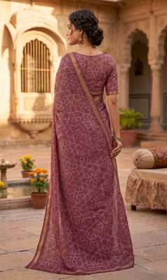 dusty wine chanderi geometric printed ready to wear saree 4
