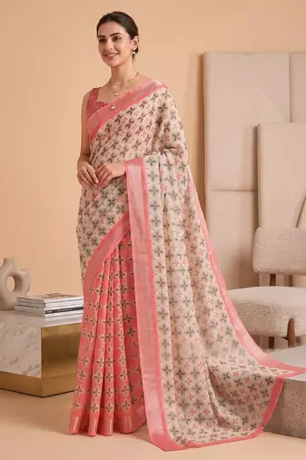 multicolor linen geometric bollywood digital print saree
