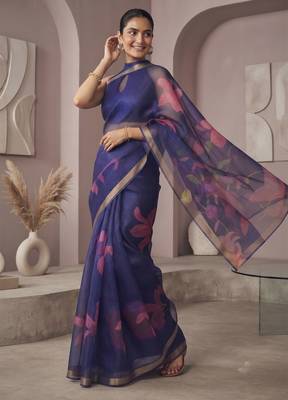 Blue linen floral motifs bollywood digital print saree 2