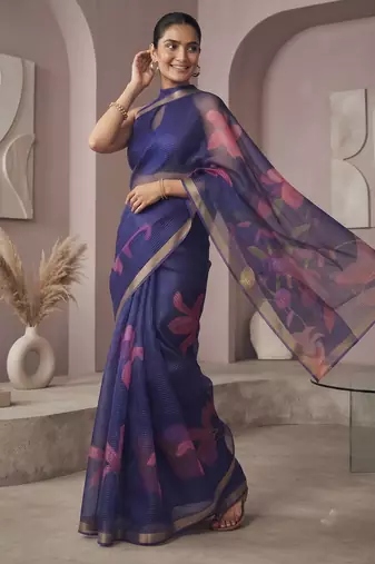 Blue linen floral motifs bollywood digital print saree