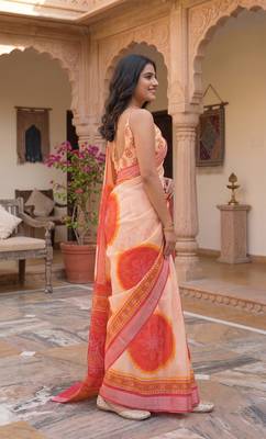 cream & peach chanderi bandhani printed ready to wear saree 3