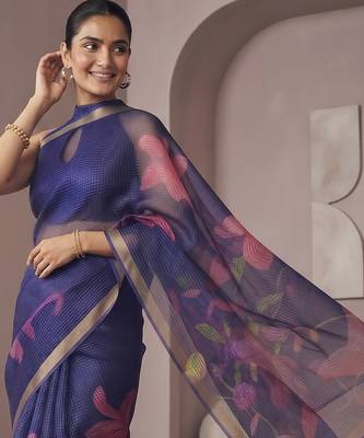 Blue linen floral motifs bollywood digital print saree 3