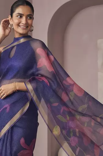Blue linen floral motifs bollywood digital print saree