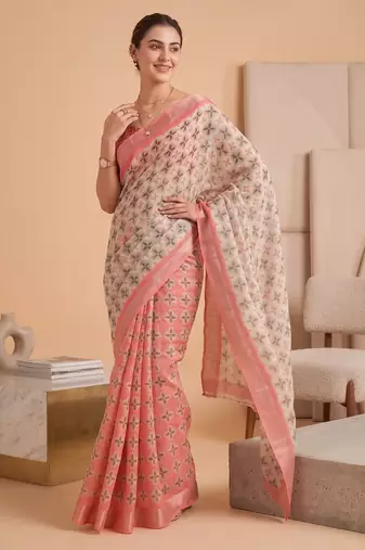 multicolor linen geometric bollywood digital print saree