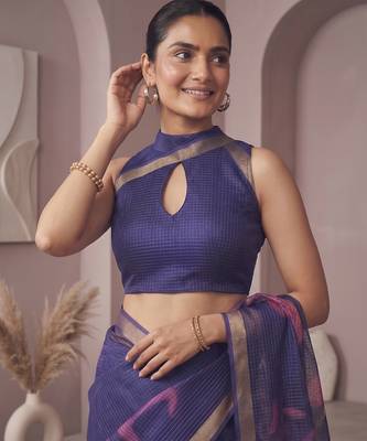 Blue linen floral motifs bollywood digital print saree 4