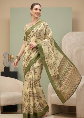 Cream linen block print bollywood digital print saree 1