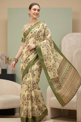 Cream linen block print bollywood digital print saree