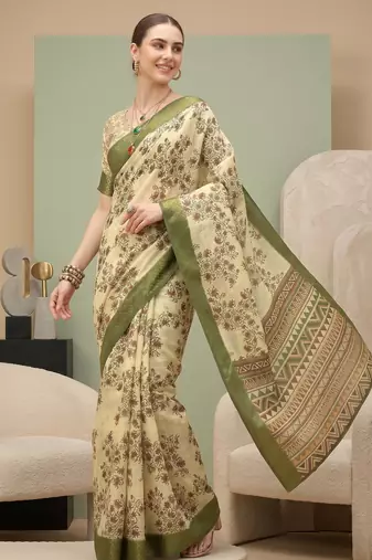 Cream linen block print bollywood digital print saree