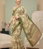 Cream linen block print bollywood digital print saree