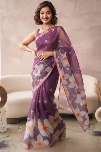 Purple linen floral motifs bollywood digital print saree