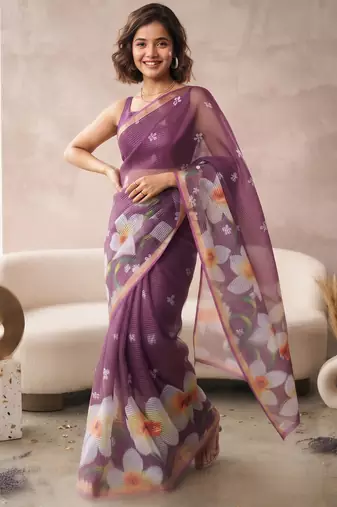 Purple linen floral motifs bollywood digital print saree