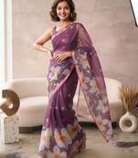 Purple linen floral motifs bollywood digital print saree