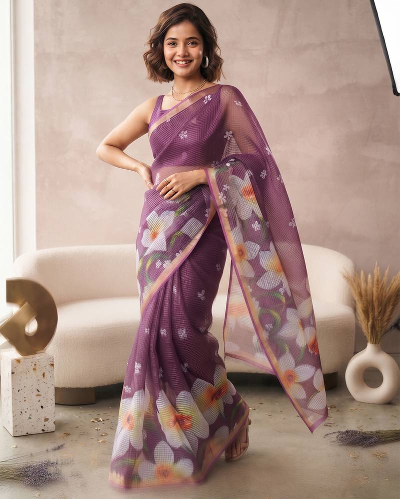Purple linen floral motifs bollywood digital print saree