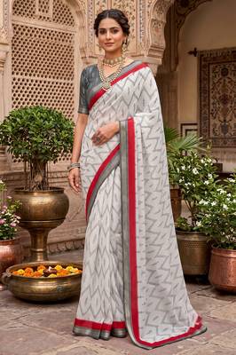 off-white & red chanderi zig-zag printed ready to wear saree 1
