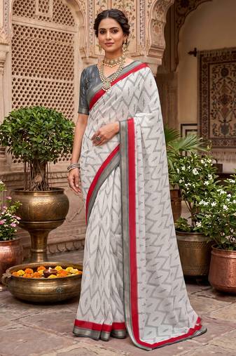 off-white & red chanderi zig-zag printed ready to wear saree