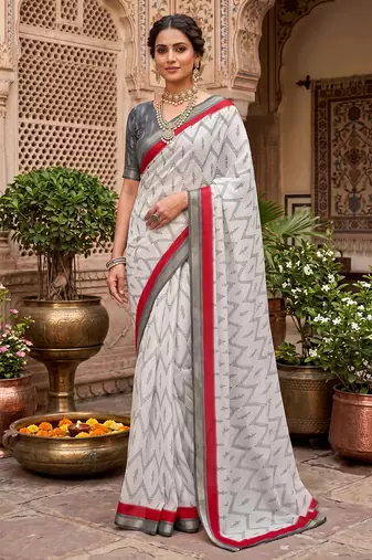 off-white & red chanderi zig-zag printed ready to wear saree