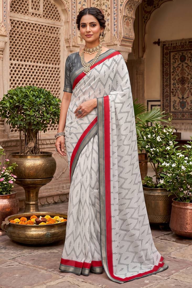 off-white & red chanderi zig-zag printed ready to wear saree