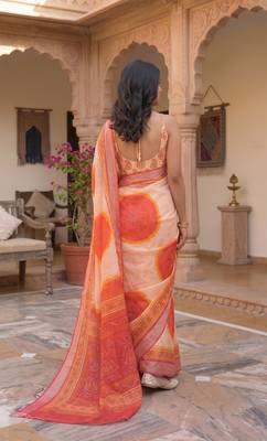 cream & peach chanderi bandhani printed ready to wear saree 4